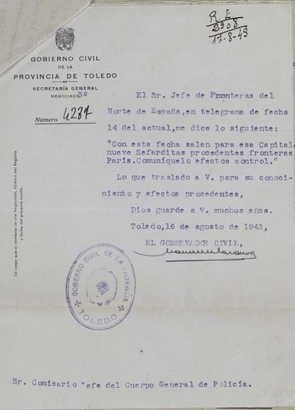 A telegram from the civil governor of Toledo to the city’s chief of police informing him that nine Sephardic Jews – a group that included some that had been “baptized” – had left France on August 14, 1943, with Toledo as their destination. ARCHIVO HISTÓRICO PROVINCIAL DE TOLEDO