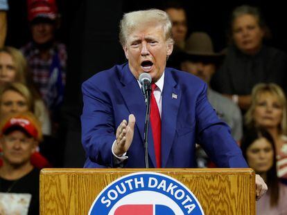 Former U.S. President and Republican presidential candidate Donald Trump speaks at a South Dakota Republican party rally in Rapid City, South Dakota, U.S. September 8, 2023.