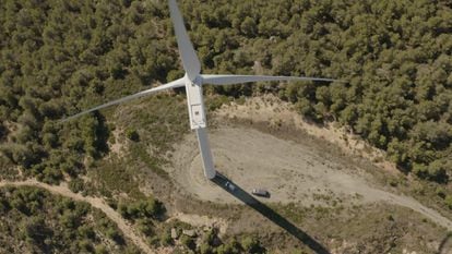 Aerial view of a wind turbine at Baix Camp, in the Spanish province of Tarragona.