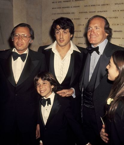 Sylvester Stallone and the producers of 'Rocky' at the 49th Oscar gala, where the film won the Oscar for Best Picture.