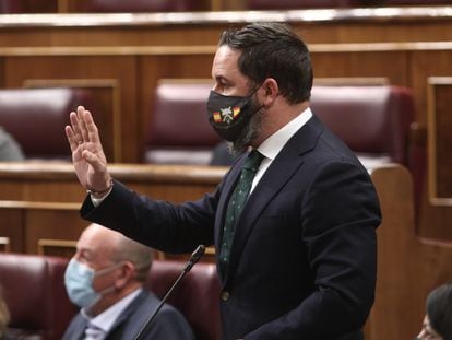 Vox leader Santiago Abascal speaking during question time on Wednesday inside Spain's Congress of Deputies.