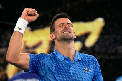 Novak Djokovic of Serbia celebrates after defeating Tommy Paul of the US in their semifinal at the Australian Open tennis championship in Melbourne, Australia, Friday, Jan. 27, 2023.
