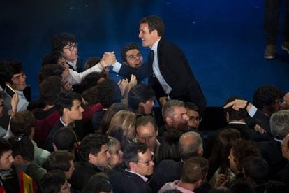 PP leader Pablo Casado greeting supporters during his first campaign rally in Madrid.