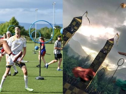 On the left, a real-life quidditch tournament. On the right, in a scene from Harry Potter, Daniel Radcliffe participates in the sport.