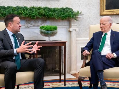 U.S. President Joe Biden (R) meets with Ireland's Taoiseach Leo Varadkar in the Oval Office at the White House in Washington D.C, March 15, 2024.