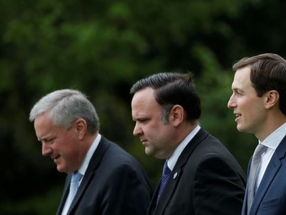 Three Trump aides in May 2020: Chief of Staff Mark Meadows, White House social media man Dan Scavino, and Trump son-in-law Jared Kushner.