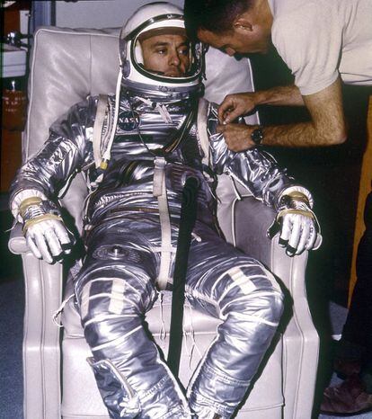 Astronaut Alan B. Shepard Jr., during the first MR-3 crewed suborbital flight mission. The Freedom 7 spacecraft — carrying Shepherd, the first American astronaut — was powered by the Mercury-Redstone launch vehicle. It departed on May 5, 1961.