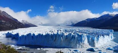 The frontal walls of the Perito Moreno Glacier (almost 200 feet tall) as seen from the walkways for tourists.