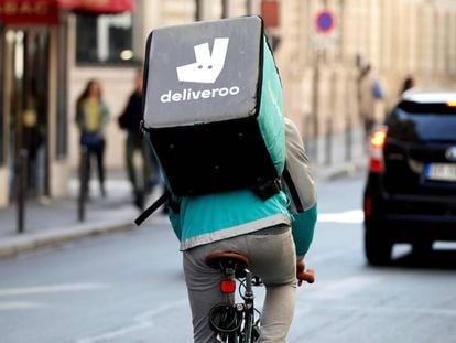 A Deliveroo courier on the streets of Madrid.