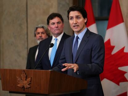 Canada's Prime Minister Justin Trudeau speaks during a news conference on Parliament Hill in Ottawa, Ontario, on Monday, March 6, 2023. Trudeau said he will appoint a special investigator to decide whether there should be a public inquiry into reports of Chinese interference in Canada's elections.  (Sean Kilpatrick/The Canadian Press via AP)