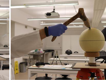 Miguel Ángel Moreno-Ibáñez, from the Catalan Institute of Human Paleoecology and Social Evolution, carries out experiments on a simulated skull with Neolithic weapons.