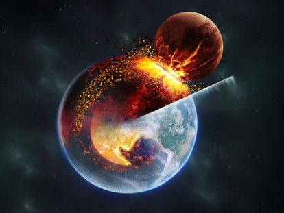 An artistic recreation of the protoplanet Tea’s collision with the early Earth, about 4.5 billion years ago.