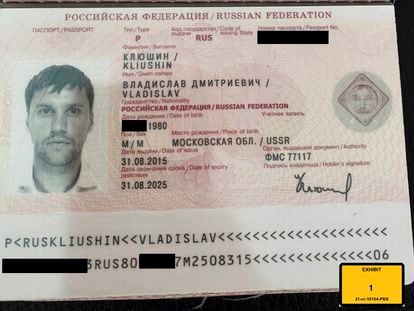 This image provided by the U.S. Attorney's Office, shows a Russian passport of Vladislav Klyushin, part of the government evidence entered into the record as exhibits in Klyushin's trial.