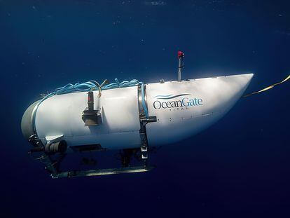 A handout photo issued by the American Photo Archive of the OceanGate Expeditions submersible vessel named Titan used to visit the wreckage site of the Titanic.