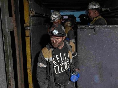 Miners walk out from the pit-face at the coal mine in Dnipropetrovsk region, Ukraine, on Friday, April 7, 2023.