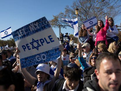 Supporters of Israel gather in solidarity with Israel and protest against antisemitism during a rally on the National Mall in Washington, U.S, November 14, 2023.