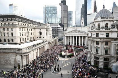 Following the proclamation at St. James's Palace, a second announcement was made at the Royal Exchange (pictured at center), the old Stock Exchange, in London. The proclamations will be repeated on Sunday in Scotland, Northern Ireland and Wales.