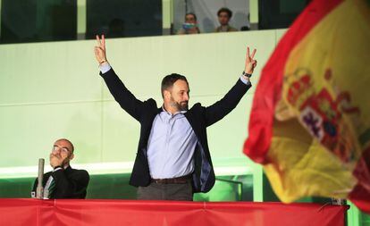 The leader of the far-right party Vox, Santiago Abascal, celebrates the election results. Vox is now the third-largest force in Spain’s lower house, the Congress of Deputies.