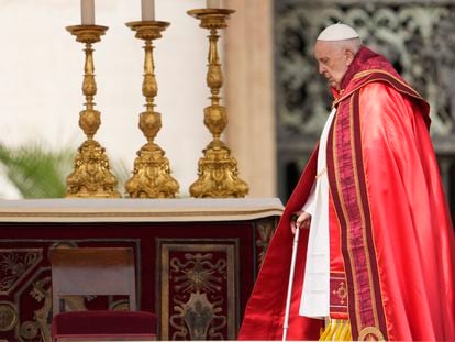 Pope Francis arrives on the altar to celebrate the Palm Sunday's mass in St. Peter's Square at The Vatican Sunday, April 2, 2023 a day after being discharged from the Agostino Gemelli University Hospital in Rome.