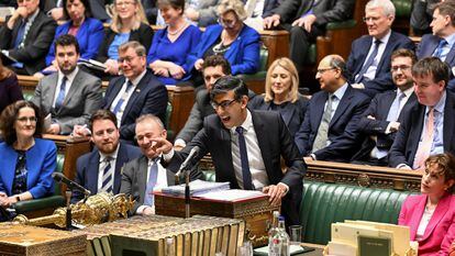British Prime Minister Rishi Sunak speaks during Prime Minister's Questions, at the House of Commons in London, Britain, February 7, 2024.