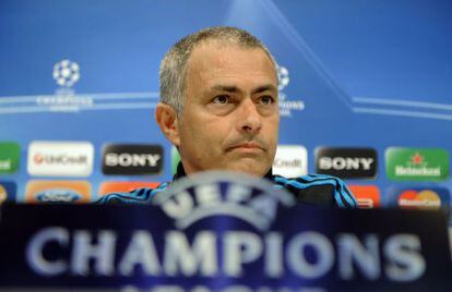 Jos&eacute; Mourinho gives a press conference in Madrid on the eve of the Champions League second leg against Bayern Munich. 
