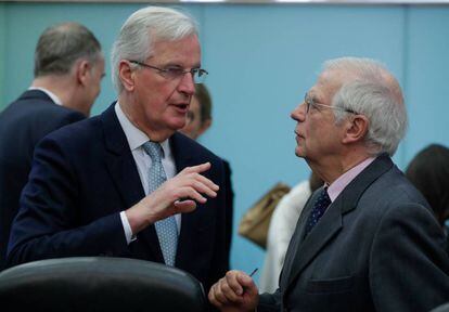 Head of UK Task Force Michel Barnier talks to Foreign Affairs High Representative Josep Borrell in Brussels.