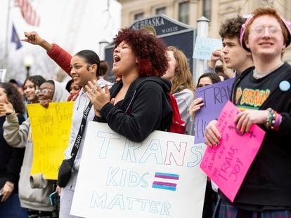 Hundreds of students walk out of school on Transgender Day of Visibility outside Omaha Central High School on March 31, 2023, in Omaha, Nebraska.