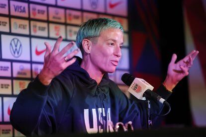 USA soccer player Megan Rapinoe speaks to reporters during a press conference at the FIFA Women's World Cup in Auckland, New Zealand, 30 July 2023.
