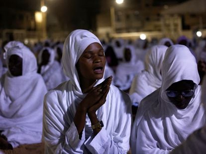 Senegalese Muslims pray for peace and stability following violent protests that broke out after opposition leader Ousmane Sonko was sentenced to prison in Dakar, Senegal, on June 4, 2023.