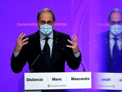 Catalan premier Quim Torra speaks during a news conference on Monday.