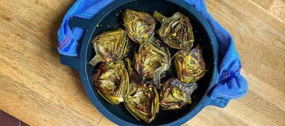 These artichokes were cooked in a casserole dish, a simple preparation that requires little work.