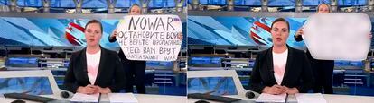 Left: Marina Ovsyannikova during her protest on Monday. Right: The image of the protest with the sign blurred out, as seen on various Russian media outlets.