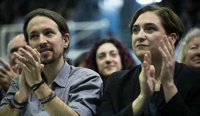 Podemos leader Pablo Iglesias and Barcelona Mayor Ada Colau in a file photo.