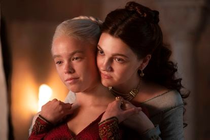 Milly Alcock and Emily Carey, playing Princess Rhaenyra Targaryen and Alicent Hightower in 'House of the Dragon.'