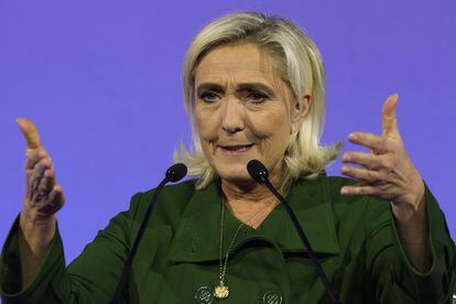 Marine Le Pen — president of the far-right French National Rally party — speaks during a gathering of the European Identity and Democracy bloc in Lisbon, on November 24.