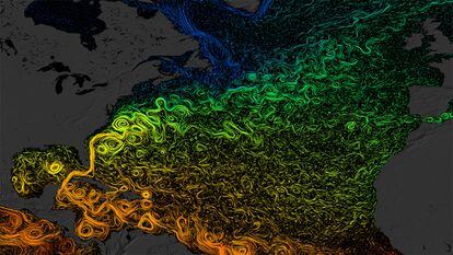 Pictured is the complex circulatory system of currents in the North Atlantic. The orange tones show warmer waters, and the greens and blues show colder waters. 