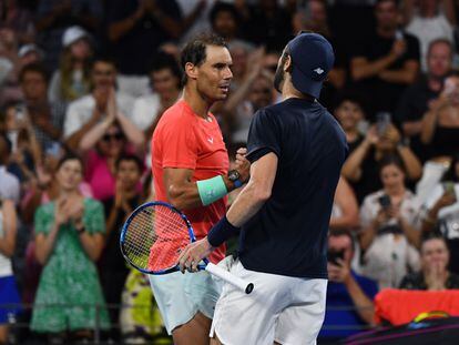 Rafael Nadal of Spain (L) congratulates Jordan Thompson of Australia (R) for winning their quarter-final match at the 2024 Brisbane International tennis tournament in Brisbane, Australia, 05 January 2024.
