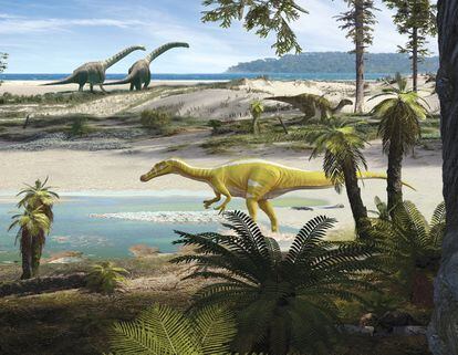 An artist's depiction of 'Protathlitis cinctorrensis', in the foreground. In the background are an Iguanodon and two sauropods, in a coastal area of the Early Cretaceous more than 120 million years ago.