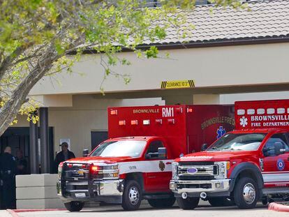 Brownsville Fire Department EMS Ambulances with two surviving US citizens arrive at Valley Regional Medical Center, on March 7, 2023, in Brownsville, Texas.