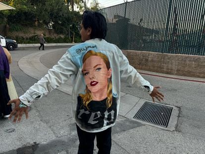 Jonathan Velasquez wore his hand-painted Taylor Swift jacket to the world premiere of 'The Eras Tour' concert film in Los Angeles; October 11, 2023.