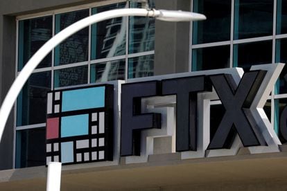 The logo of FTX is seen at the entrance of the FTX Arena in Miami, Florida, U.S.