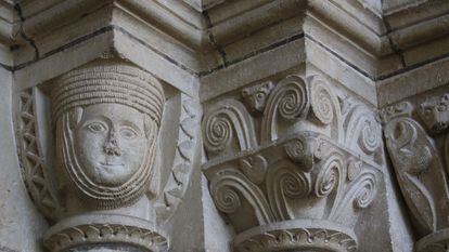 A noble lady's face decorating a church in the Basque town of Otazu.