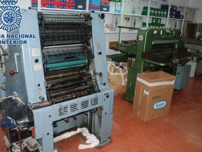 A printing press found inside a warehouse in Elche, Alicante province.