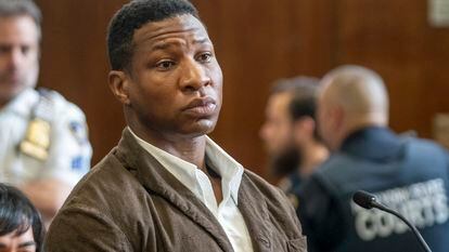 Jonathan Majors is seen in court during a hearing in his domestic violence case, on June 20, 2023, in New York.