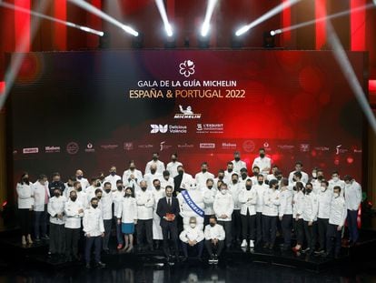 The winners of new stars at the ceremony to launch the 2022 Michelin Guide Spain and Portugal, in Valencia on Tuesday.