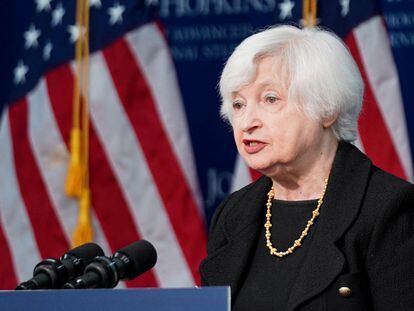U.S. Treasury Secretary Janet Yellen speaks during a forum hosted by the Johns Hopkins University at the Nitze Building in Washington, on April 20, 2023.