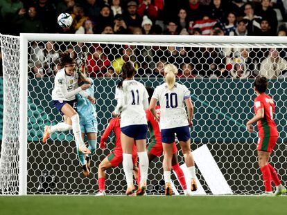 Alex Morgan of the U.S. in action with Portugal's Ines Pereira.