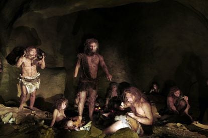 Reconstruction of a domestic scene of Neanderthal life.