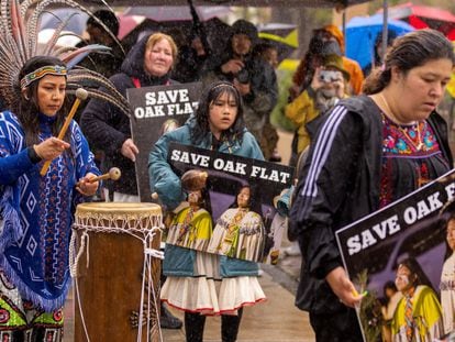 Apache Stronghold, a Native American group hoping to protect their sacred land from a Cooper mine in Arizona, gather outside the 9th Circuit Appeal Court in Pasadena, California, March 21, 2023.