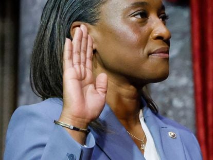 U.S. Senator Laphonza Butler (D-CA) raises her right hand as she is sworn in to fill the U.S. Senate vacancy caused by the recent death of U.S. Senator Dianne Feinstein (D-CA), in Statuary Hall at the Capitol in Washington, U.S., October 3, 2023.